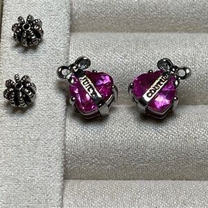 Juicy Couture Silver Plated Pink Crystal Heart Stud Earrings With JC Banner